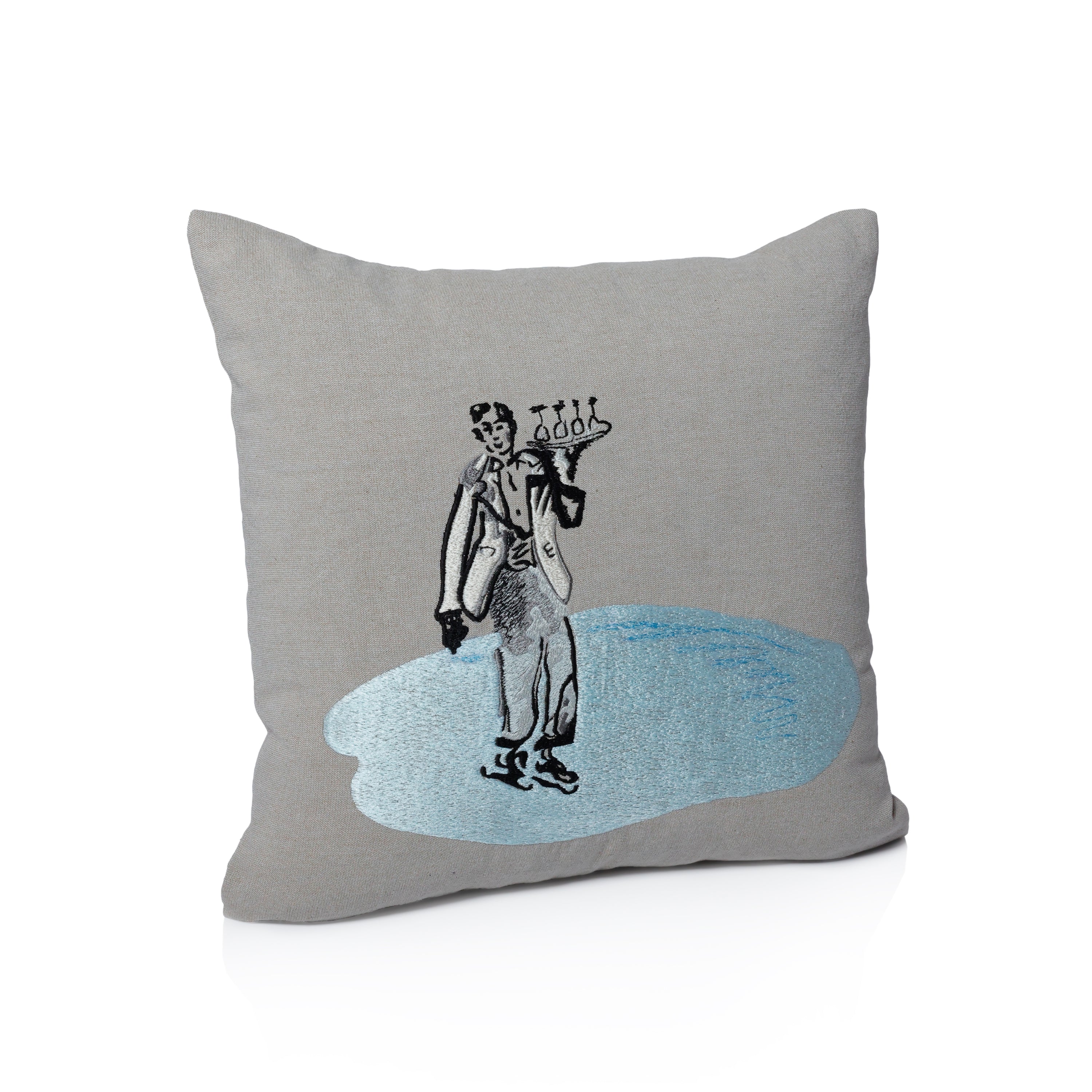 Waiter on Ice Skates Cotton Chambray Throw Pillow